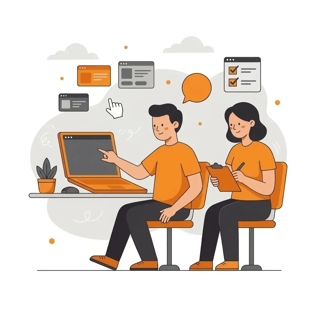 Flat illustration of a user testing a prototype while a researcher takes notes